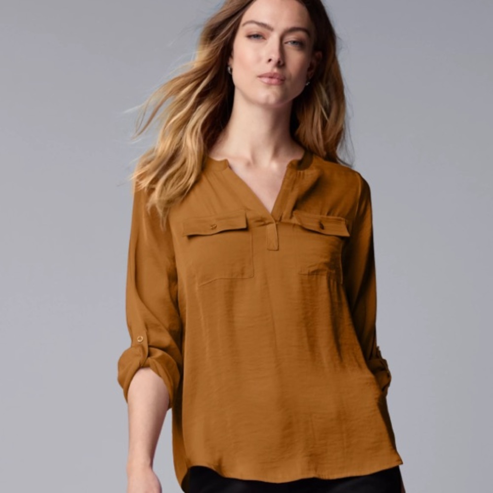Women's Simply Vera Vera Wang Roll-Tab Popover Blouse in deep cognac XL new